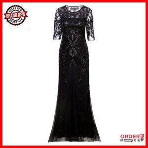 Sequin Art Deco Long Evening Gown 2/3 Sleeve Formal Prom Wedding Dress